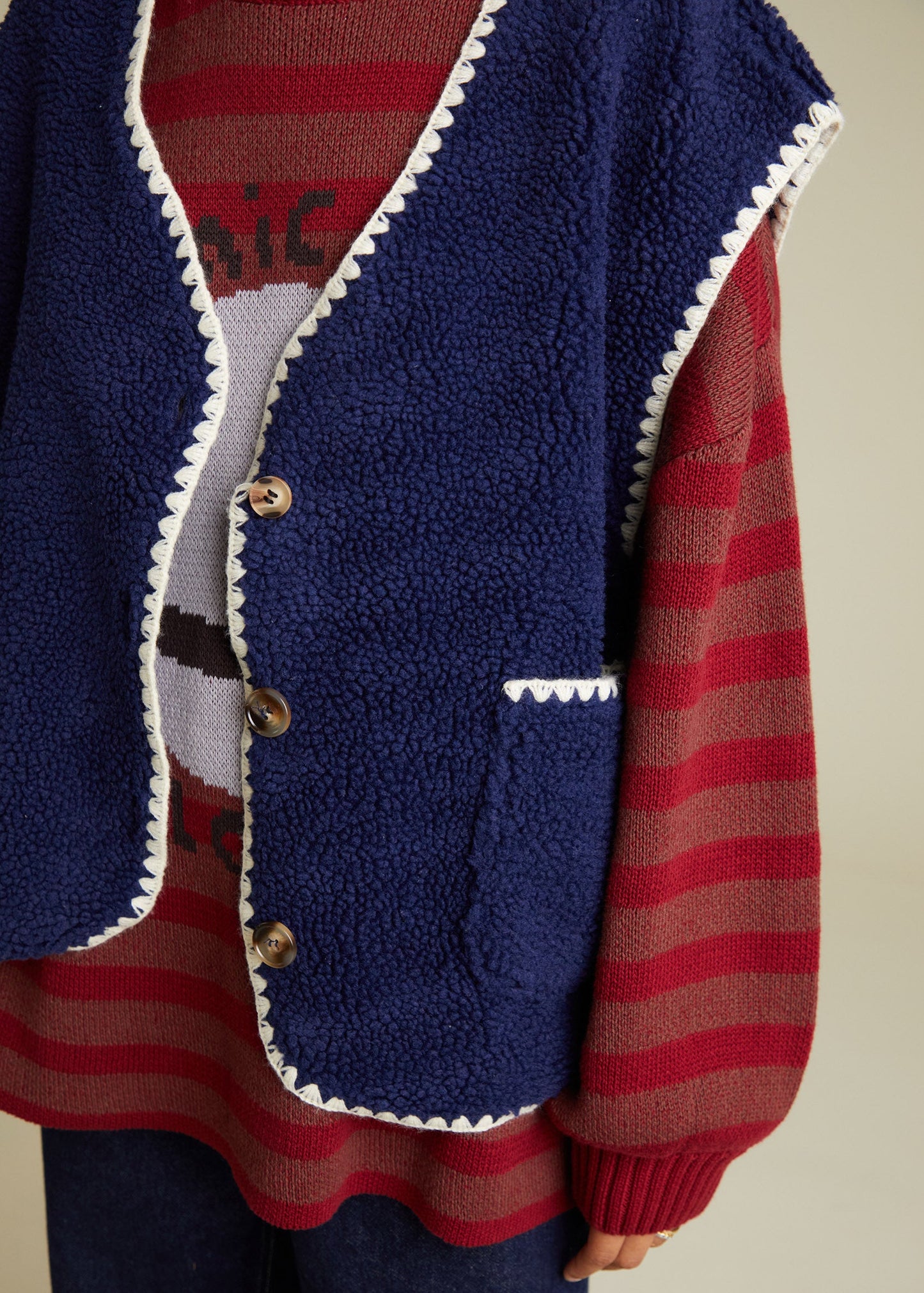 Amos Midnight Folk Gilet Adult - button detail