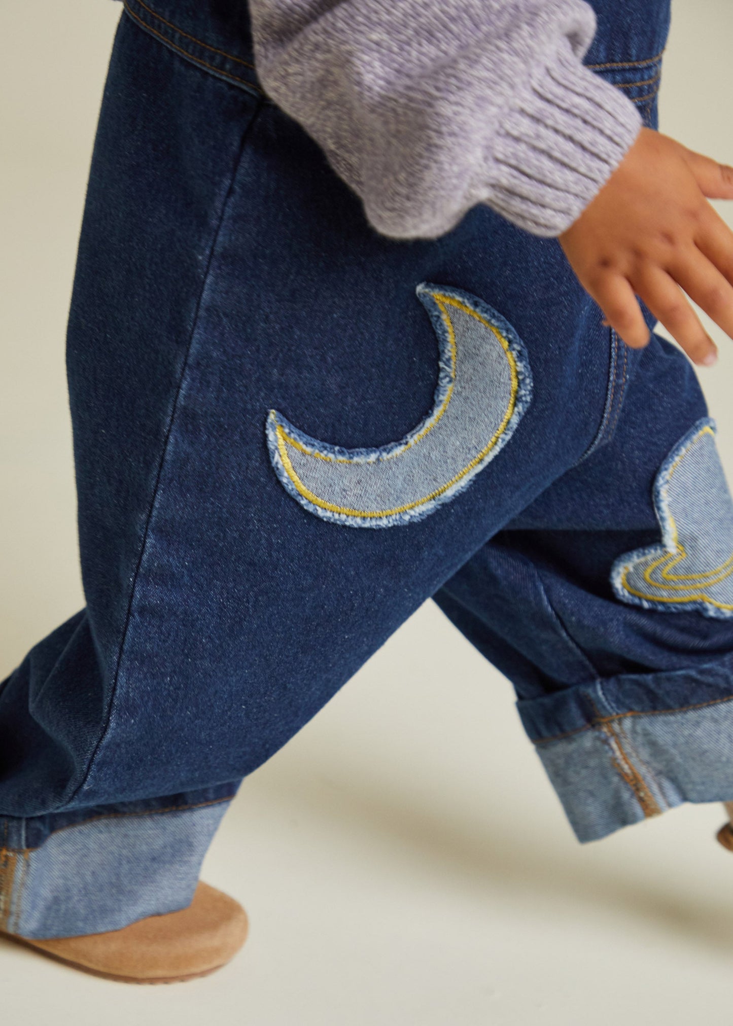 Blythe Indigo Denim Patch Dungaree - detail leg