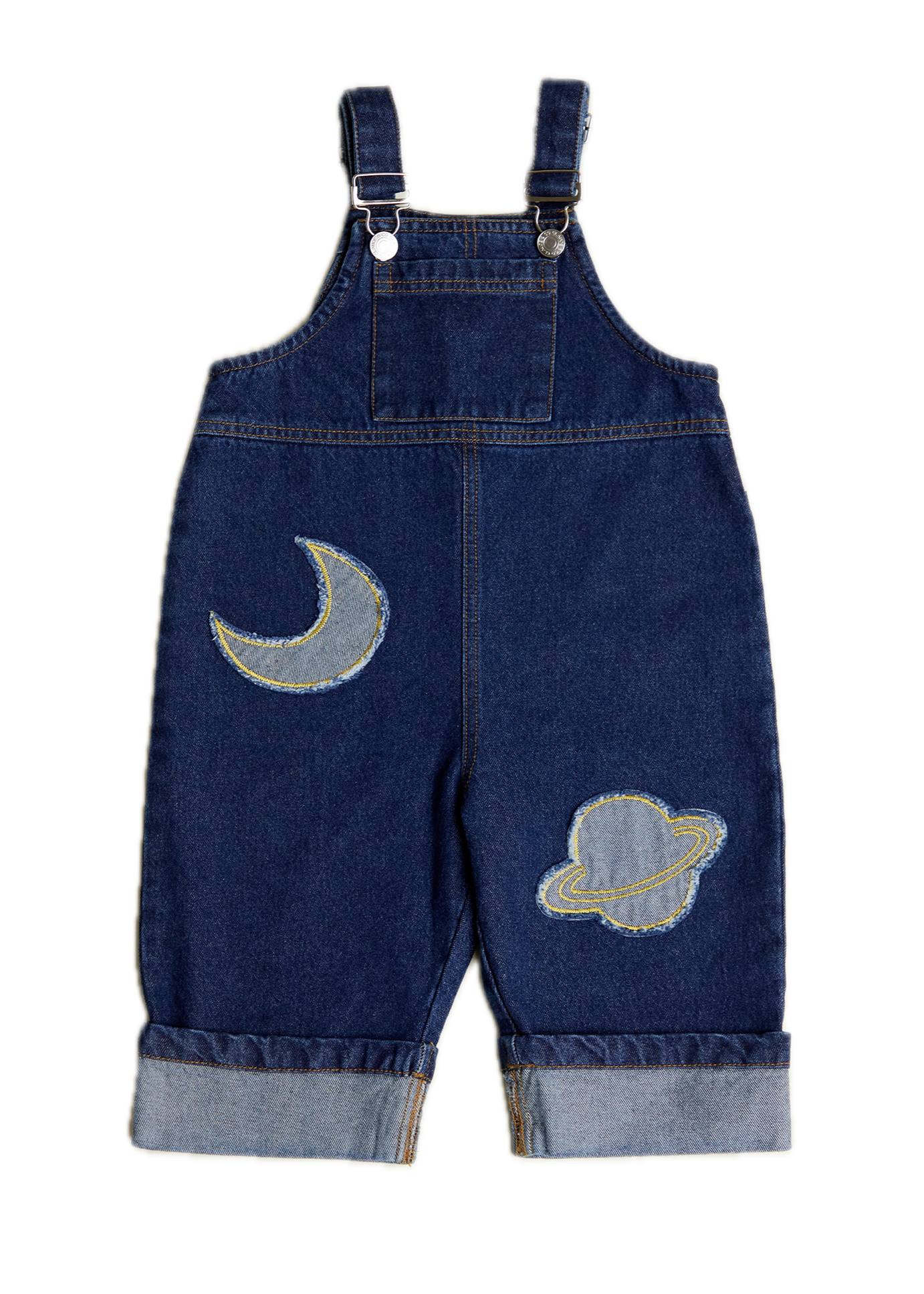 Blythe Indigo Denim Patch Dungaree - flat lay - front