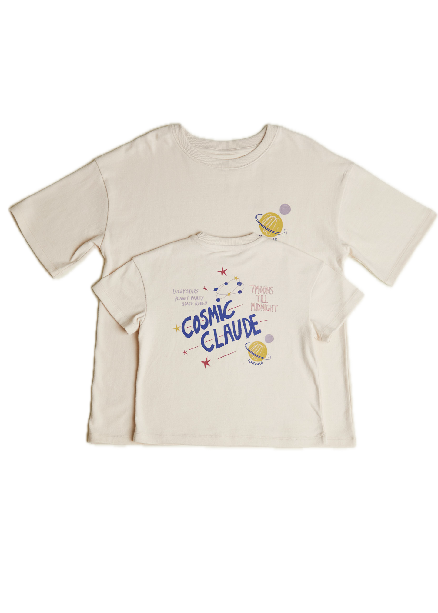 Cosmic Claude Tee Adult - flat lay - mini me