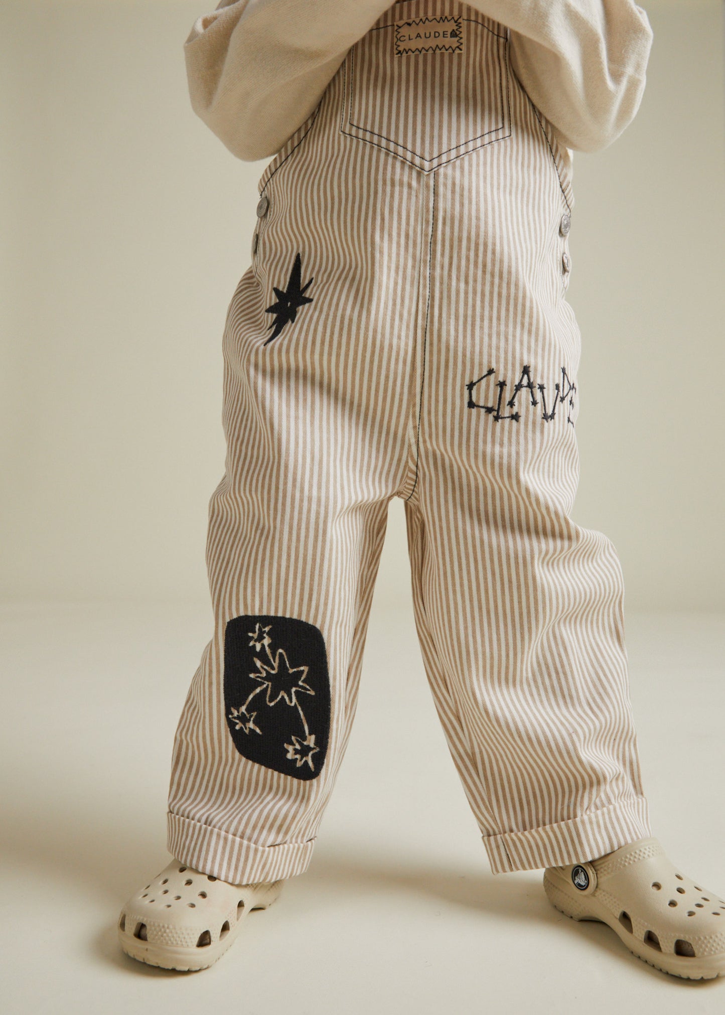 Piper Sand Stripe Dungaree Front Close Up