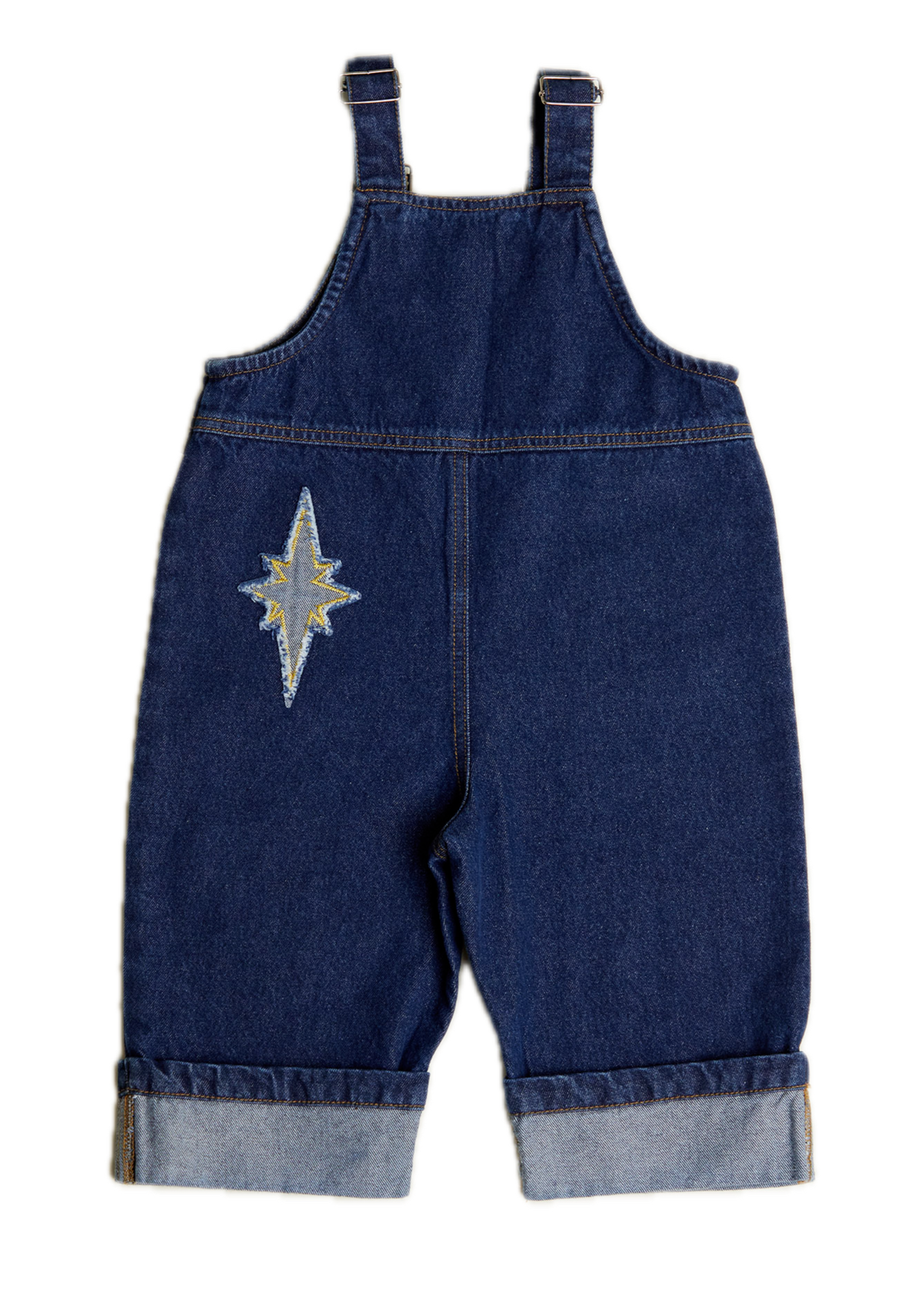 Blythe Indigo Denim Patch Dungaree - flat lay - back