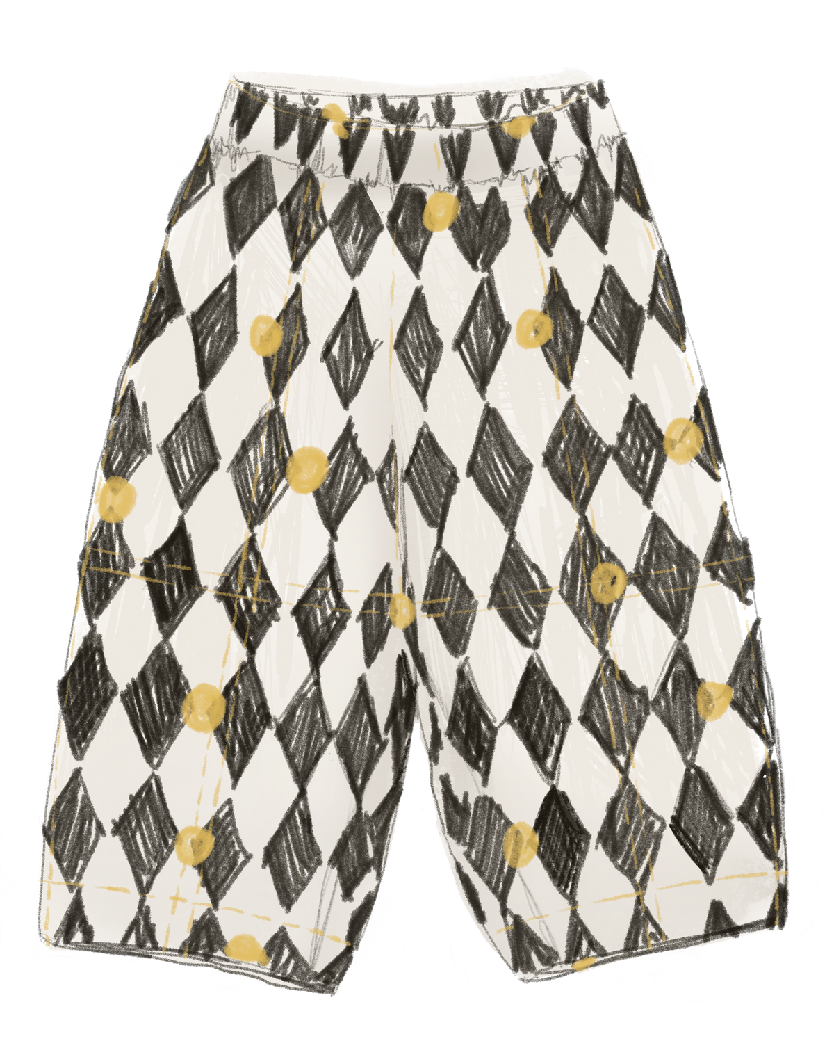 A pair of cropped trousers featuring a black and white harlequin diamond pattern with scattered gold circles, shown against a plain white background.