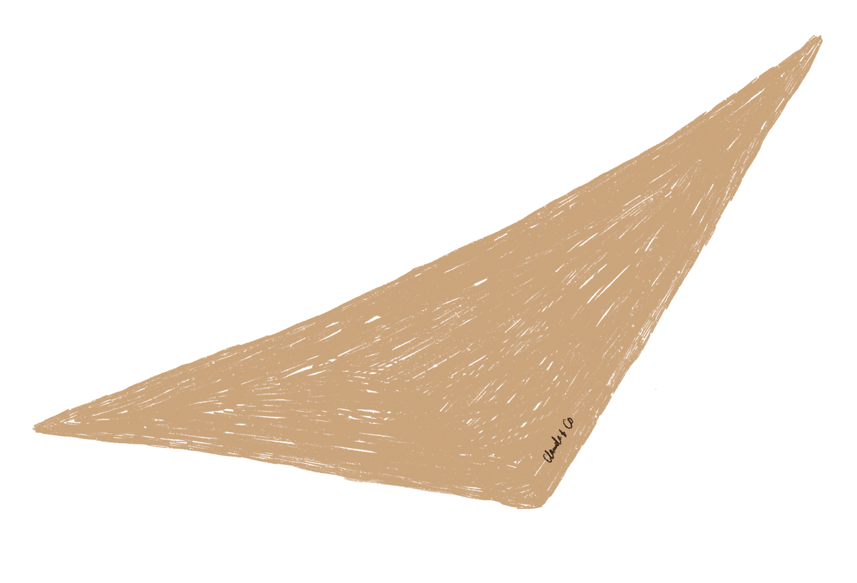 A hand-drawn beige sketch of a pointed triangular shape on a plain white background.